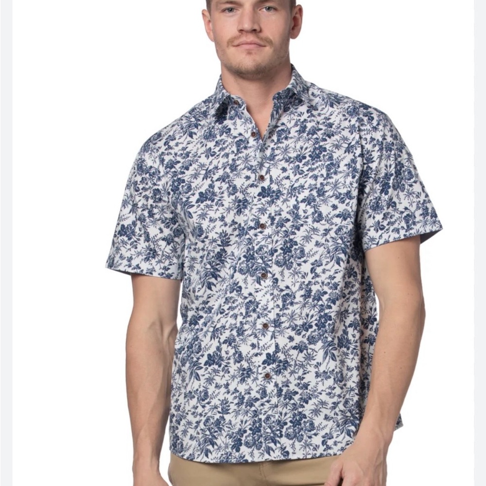 Rue St. Patrick Men's Blue Floral Short Sleeve Button‎ Up Cotton Shirt Sz XXL